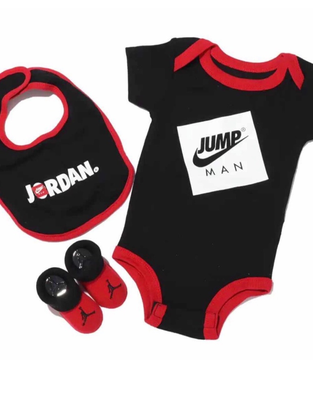 Jordan Black and Red Jumpman Baby Bib, Bodysuit & Booties Set